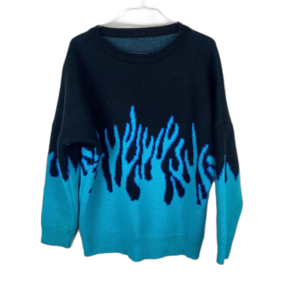 Blue Black Flame Knit Sweater Oversized Men’s L XL Unisex Streetwear Pullover